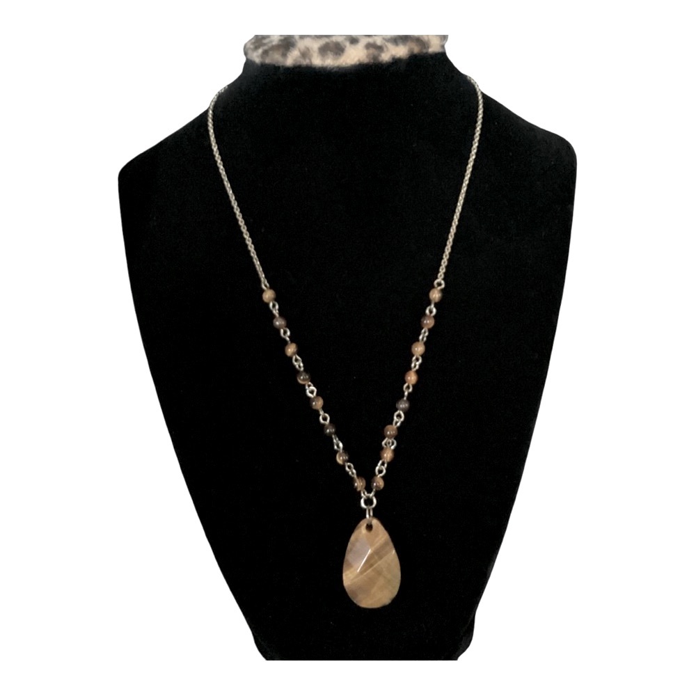 Tiger Eye Necklace Gold Tone Faceted Teardrop Stone Pendant And Beaded Chain